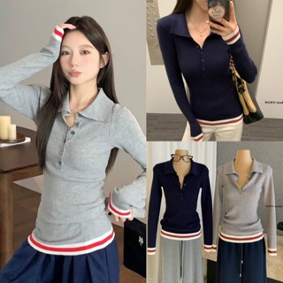 ❤ 🧵 🇰🇷 W8189 เสื้อคอปก แขนยาวผ้าร่องเล็ก แต่งกระดุม ขอบเสื้อ…