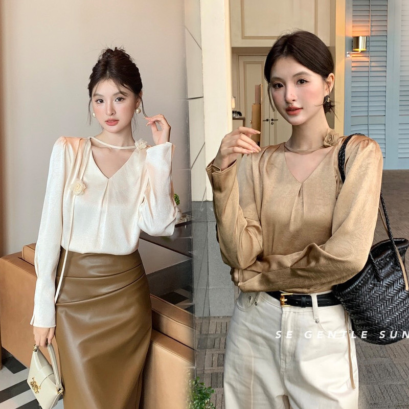 Cuties เสื้อเบลาส์สําหรับผู้หญิงเกาหลี สีทึบ คอวี เสื้อเบลาส์ แขนยาวผ้าซาติน สไตล์ลำลอง เสื้อทำงาน หรูหรา 99322