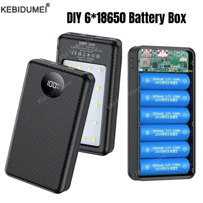 6*18650 Power Bank Box Holder Dual USB Type C Charge Shell พร้อมไฟแคมป์ปิ้งสําหรับเคส 18650