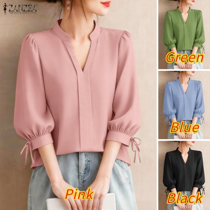 ZANZEA ซานเซีย ผู้หญิงแฟชั่นเกาหลีลําลองคอวีแขนสามส่วนจีบทรงหลวมเสื้อเบลาส์เรียบง่าย — صورة 3