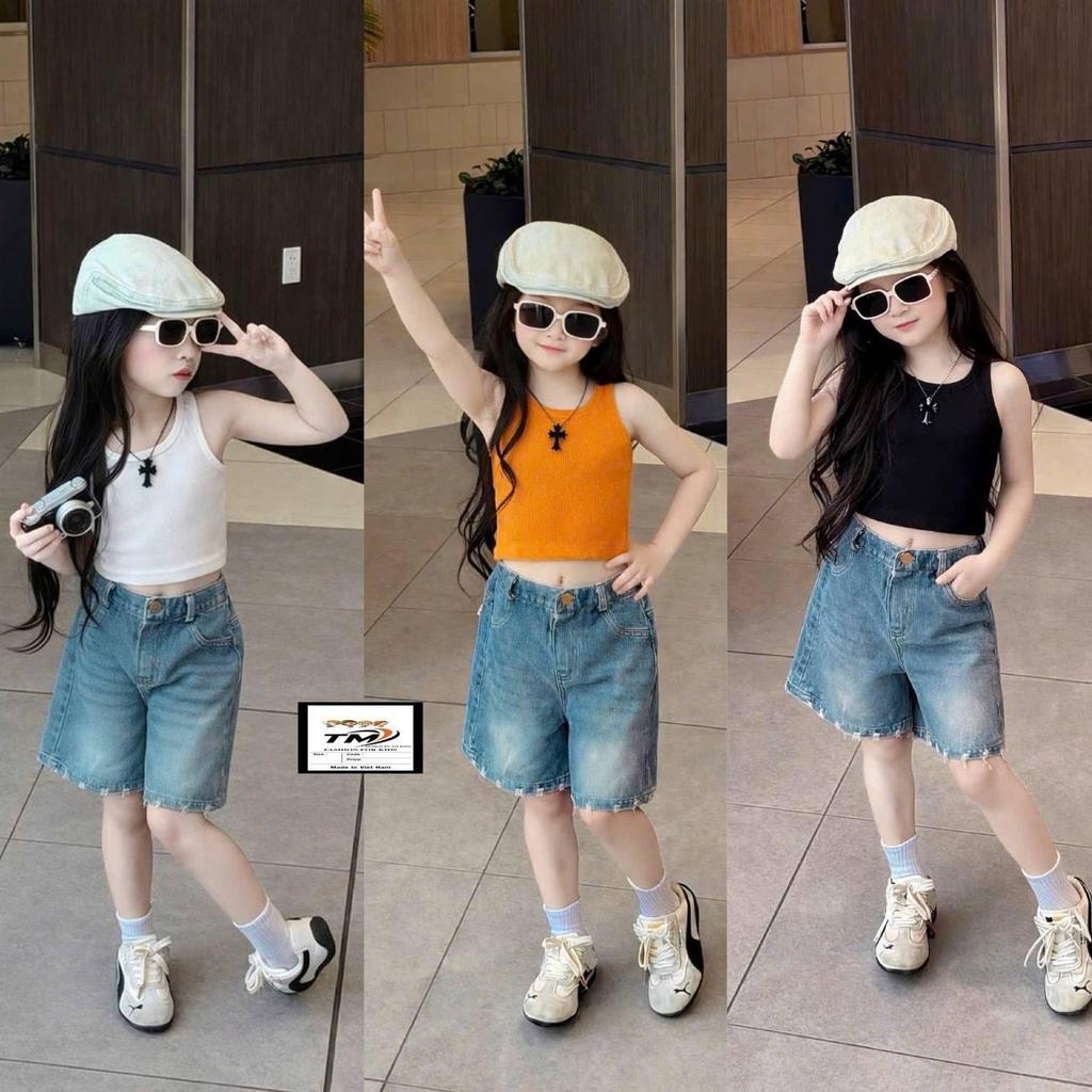 G409 (ขนาด 90-140) ชุดเซ็ทลูกสาวเสื้อกล้ามผ้าร่อง และกางเกงยีนส์ขาสั้น