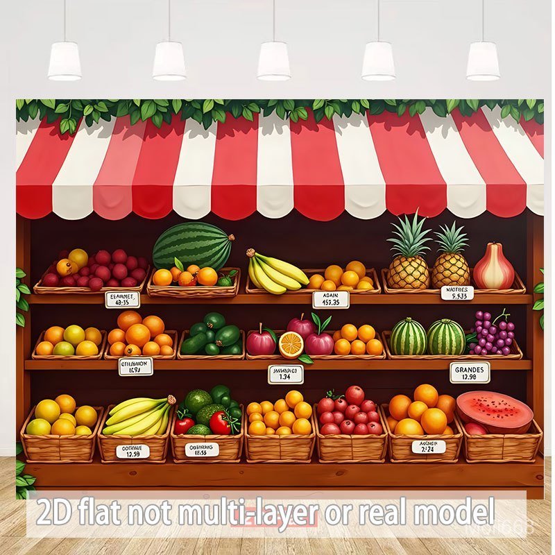 2D Flat, 1 2D Banner with Multi-size Polyester Background Cloth, Various Fruits Are Neatly Arranged 