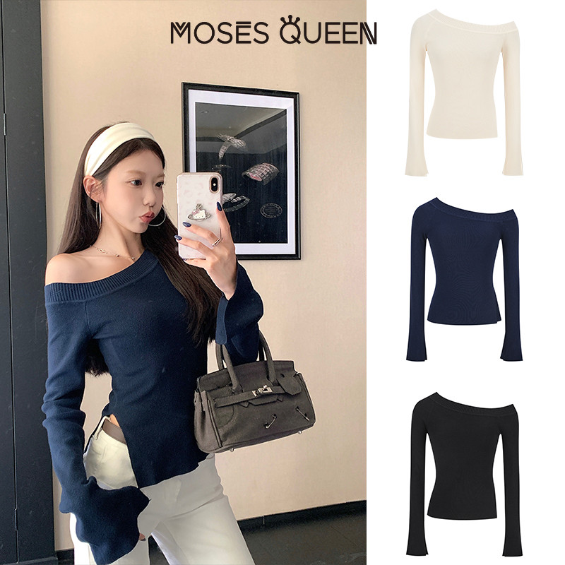 < MOSESQUEEN > เสื้อแขนยาวแบบเอียง แขนกว้าง ด้านหลังแบน รูปทรงสาวเซ็กซี่และเผ็ดร้อน แฟชั่นสุดเท่ ใส่ได้หลากหลาย ชุดใหม่ฤดูใบไม้ร่วงและฤดูหนาว #59963