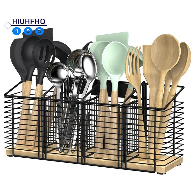 Hiuhfhq106Large ผู้ถือเครื่องครัวโลหะสีดําครัวทําอาหารภาชนะจัดระเบียบไม้พายภาชนะ Crock