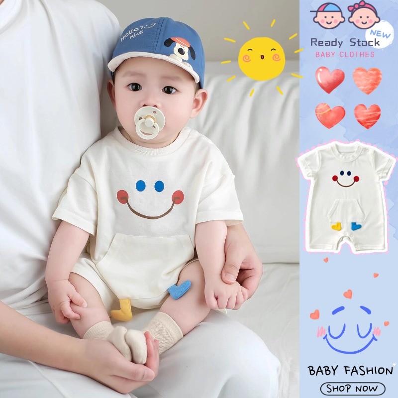 ชุดรอมเปอร์แขนสั้นสำหรับทารก ดีไซน์ใหม่ ปลอดภัยสบายผิว อายุ 0-24 เดือน ลายยิ้มสดใส