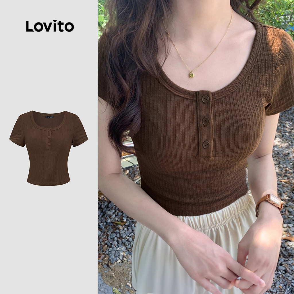 Lovito เสื้อยืดสไตล์หรูหราสบาย ๆ สำหรับผู้หญิง สีมะฮอกกานี แขนกระดุมเรียบง่ายสำหรับฤดูใบไม้ผลิ/ฤดูร้อน L155ED1843