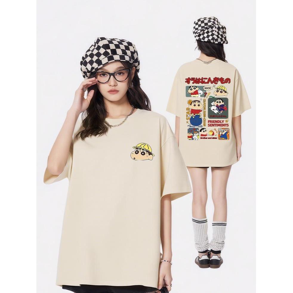 เสื้อยืดแขนสั้นแบบหลวมในช่วงฤดูร้อน 2025 ลายการ์ตูนชินจัง เสื้อยืดแขนสั้นผ้าฝ้ายหนักพิมพ์ลายADX0117