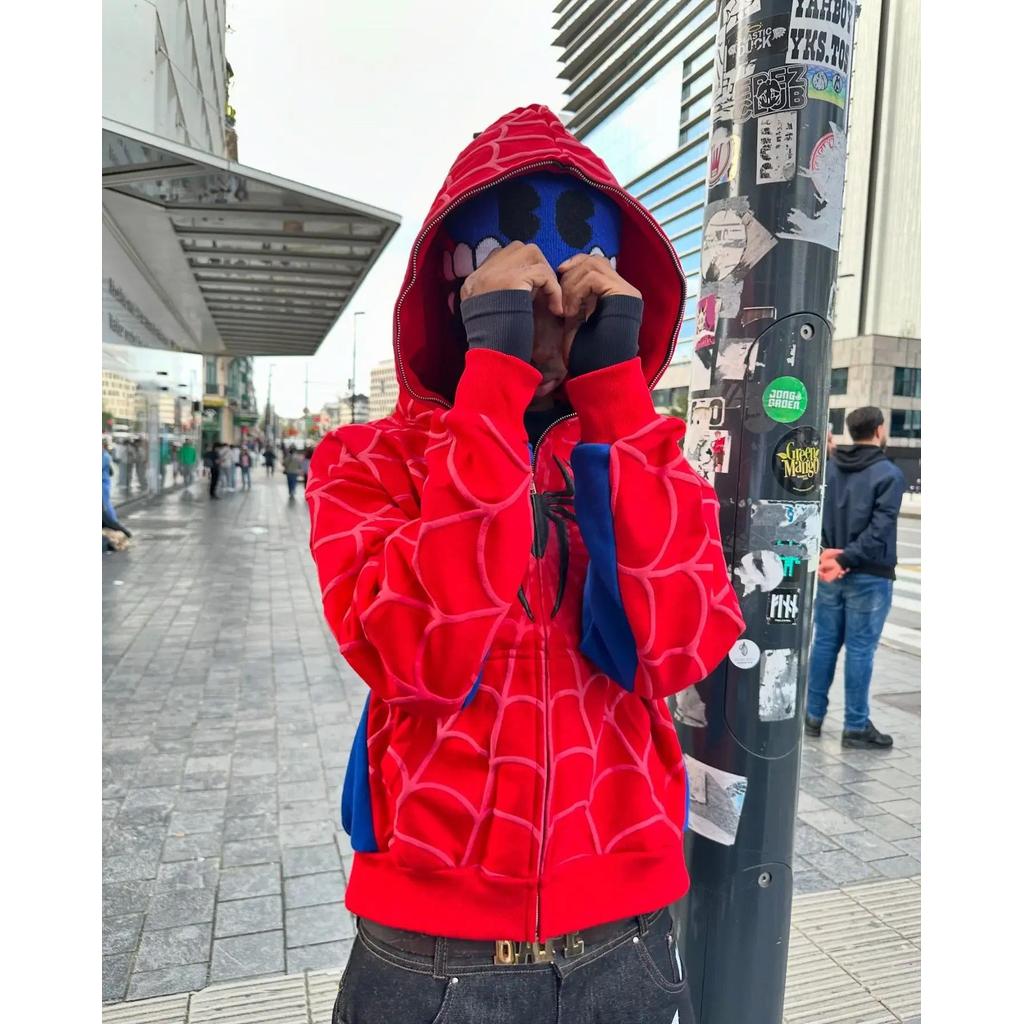 ผู้ชาย Spider พิมพ์ Hoodies Hip Hop ซิปเสื้อแขนยาว Y2k ฤดูใบไม้ร่วงฤดูหนาว Harajuku Casual หลวม Hooded Sweatshirt