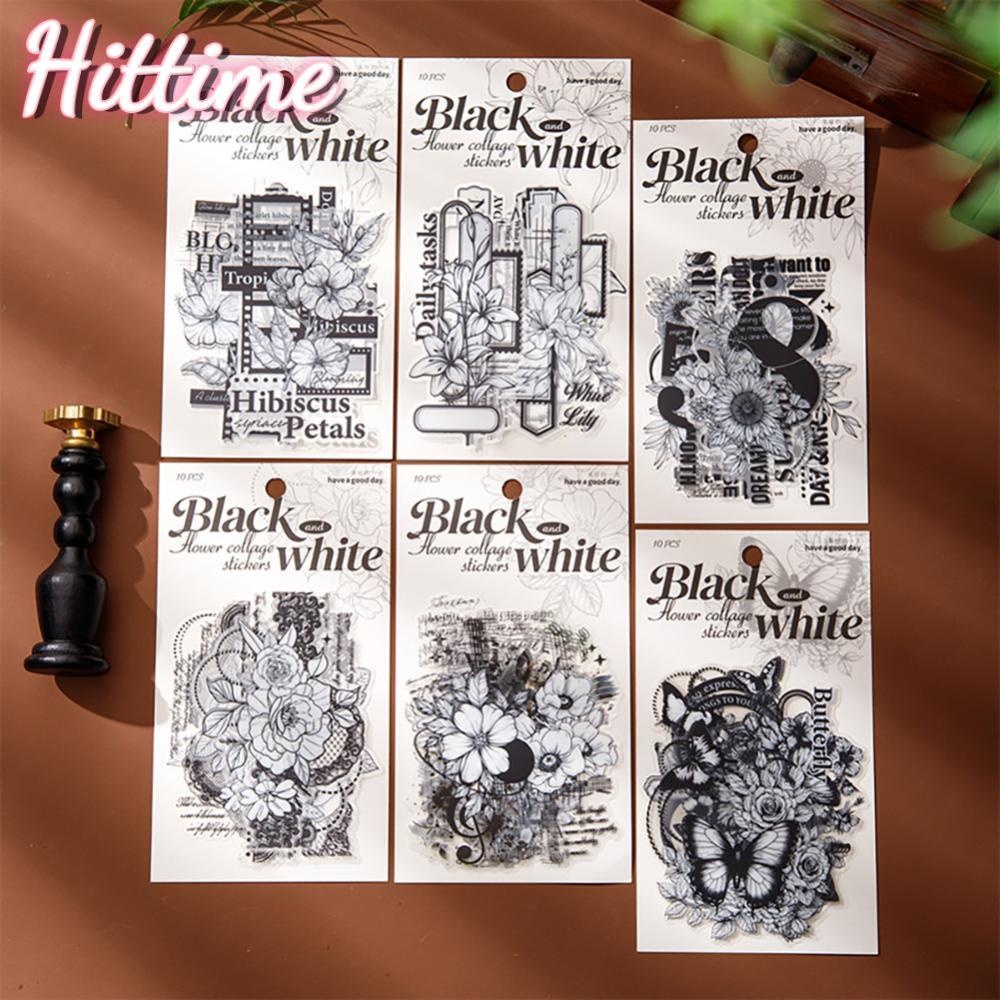HITTIME สีดําและสีขาวดอกไม้ Shadow Series Vintage ผีเสื้อดอกไม้ภูมิทัศน์สติกเกอร์ PET ขนาดใหญ่ Junk 