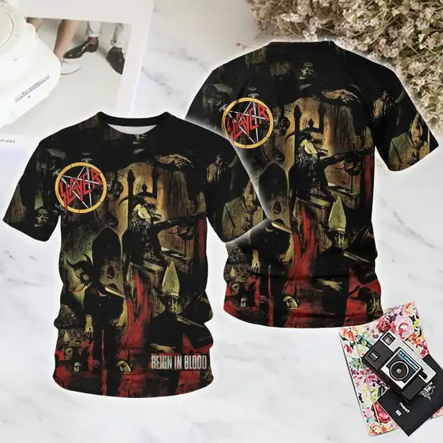 เสื้อยืด Rock Slayer 3D พิมพ์ สำหรับทั้งผู้ชายและผู้หญิง สไตล์ Hip Hop Y2K แขนสั้น O-Neck ไซส์ใหญ่ เ