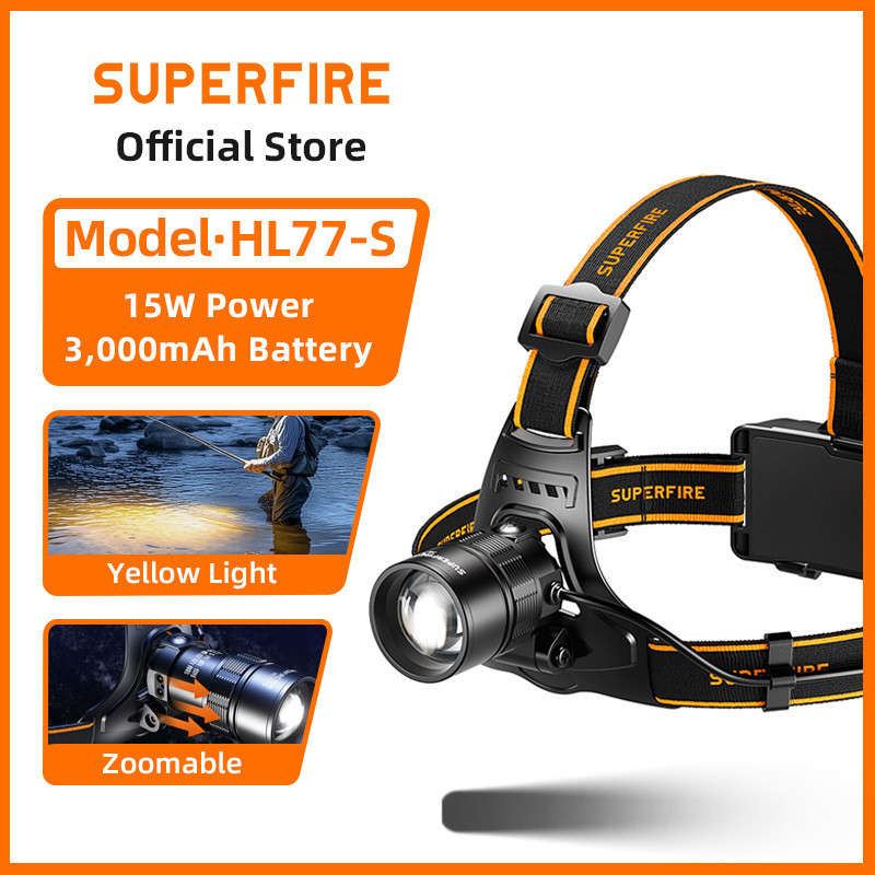 SUPERFIRE HL77-S 15W Zoomable ไฟหน้าแสงสีเหลือง LED ไฟหน้าแบบชาร์จไฟได้ 3000mAh สําหรับ Camping ตกปล