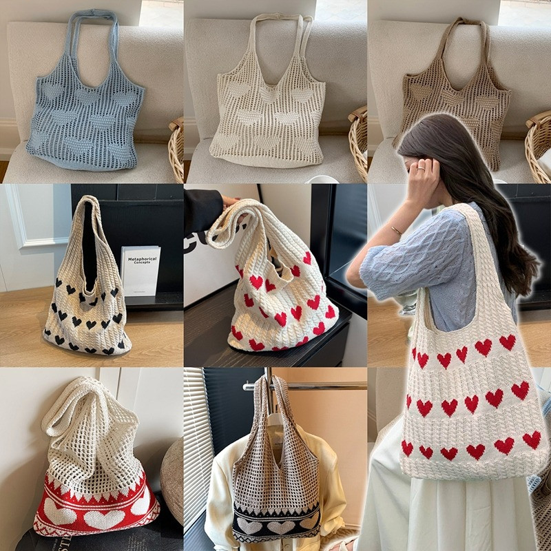 ส่งไว สไตล์เกาหลี ลายหัวใจ กระเป๋าถัก ใส่ของได้เยอะ สไตล์มินิมอล ผ้าถัก กระเป๋าสะพาย คุณภาพสูง