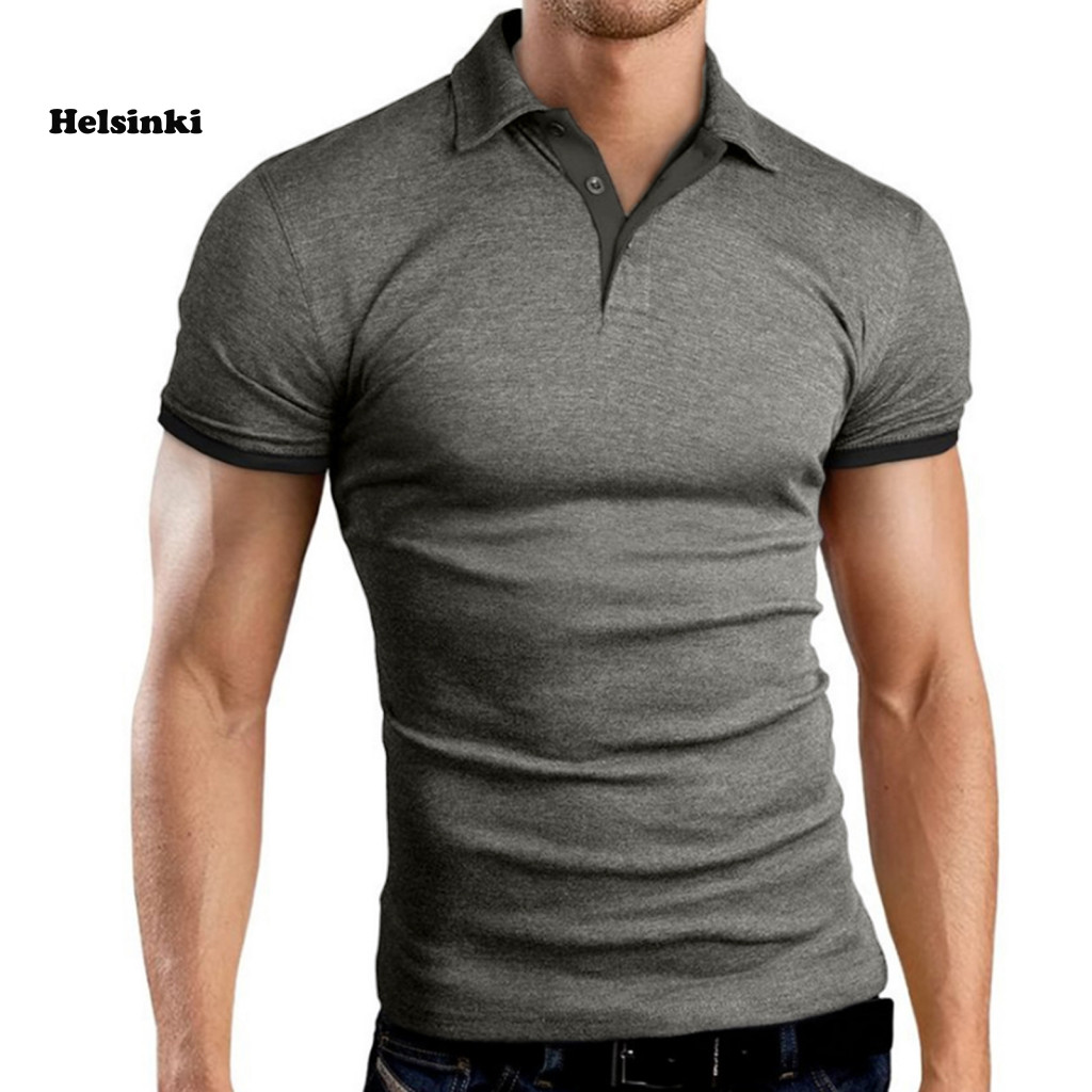เสื้อยืดผู้ชาย HLS Plus ทรง.slim fit สีทึบ แขนสั้น สำหรับฤดูร้อน มาพร้อมคอปกเปิด