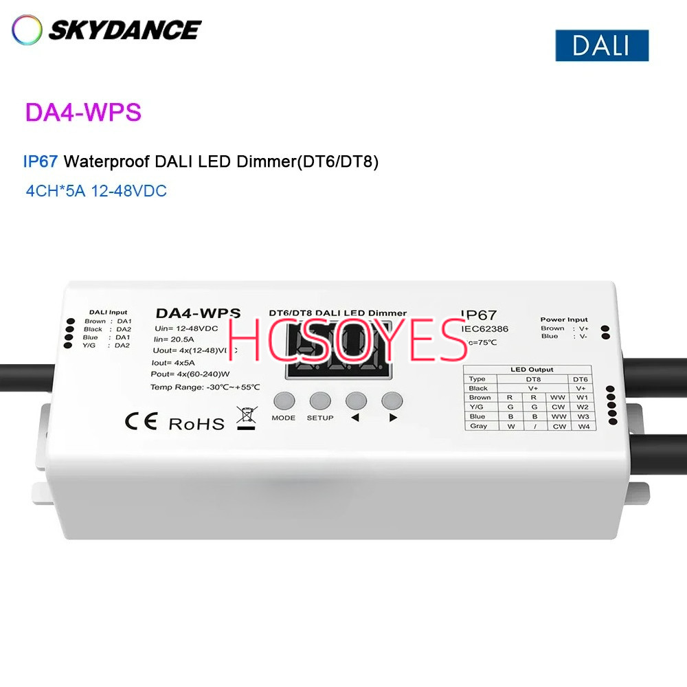 Skydance IP67 กันน้ํา 4CH DALI Dimmer DA4-WPS 12V-48V 4 แอดเดรส/4Channel/DT8 DT6/PWM Dimming สําหรับ