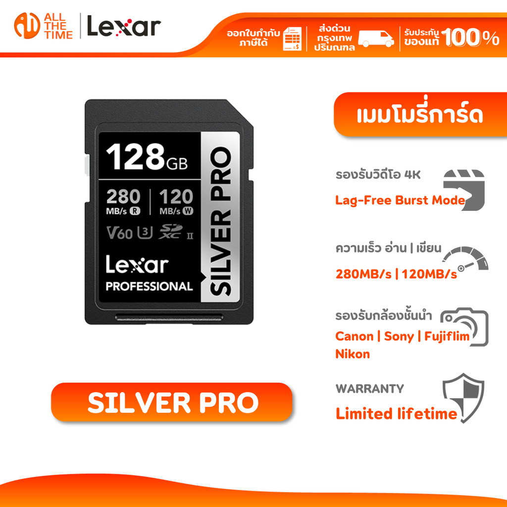 LEXAR SILVER PRO 128GB UHS-II U3 V60 SD Card เอสดีการ์ด Full-HD 3D 4K RW280/120MB/s: LXR-LSDSIPR128G