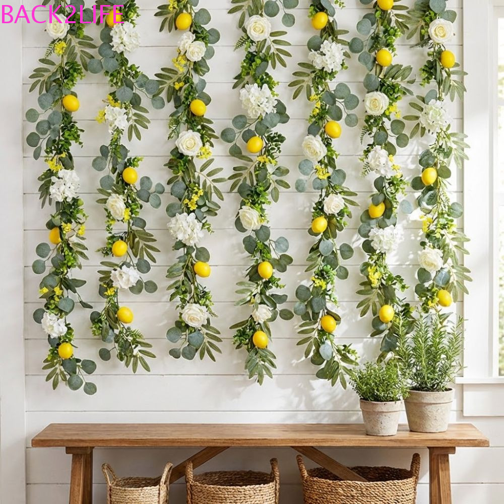 BACK2LIFE มะนาว Vine Decor, ใบยูคาลิปตัสเหมือนจริงพวงมาลัยมะนาวเทียม, ตารางกลาง Handmade สมจริง Greenery Faux Lemon พวงหรีดตกแต่งห้องครัว
