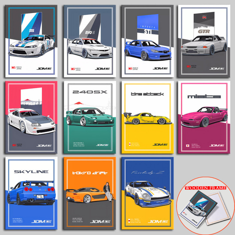 พร้อมกรอบJDM คลาสสิกกีฬารถ Wall Art ภาพวาดผ้าใบชุด, ญี่ปุ่นรถโปสเตอร์พิมพ์สําหรับห้องนอน Man Cave โรงรถตกแต่งบ้าน