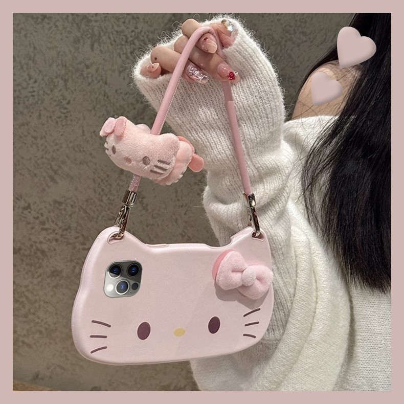 การ์ตูนน่ารัก kitty Cat กระเป๋าถือเหมาะสําหรับ Apple 16promax เคสโทรศัพท์ 15Pro เคสหนัง Samsung s25u