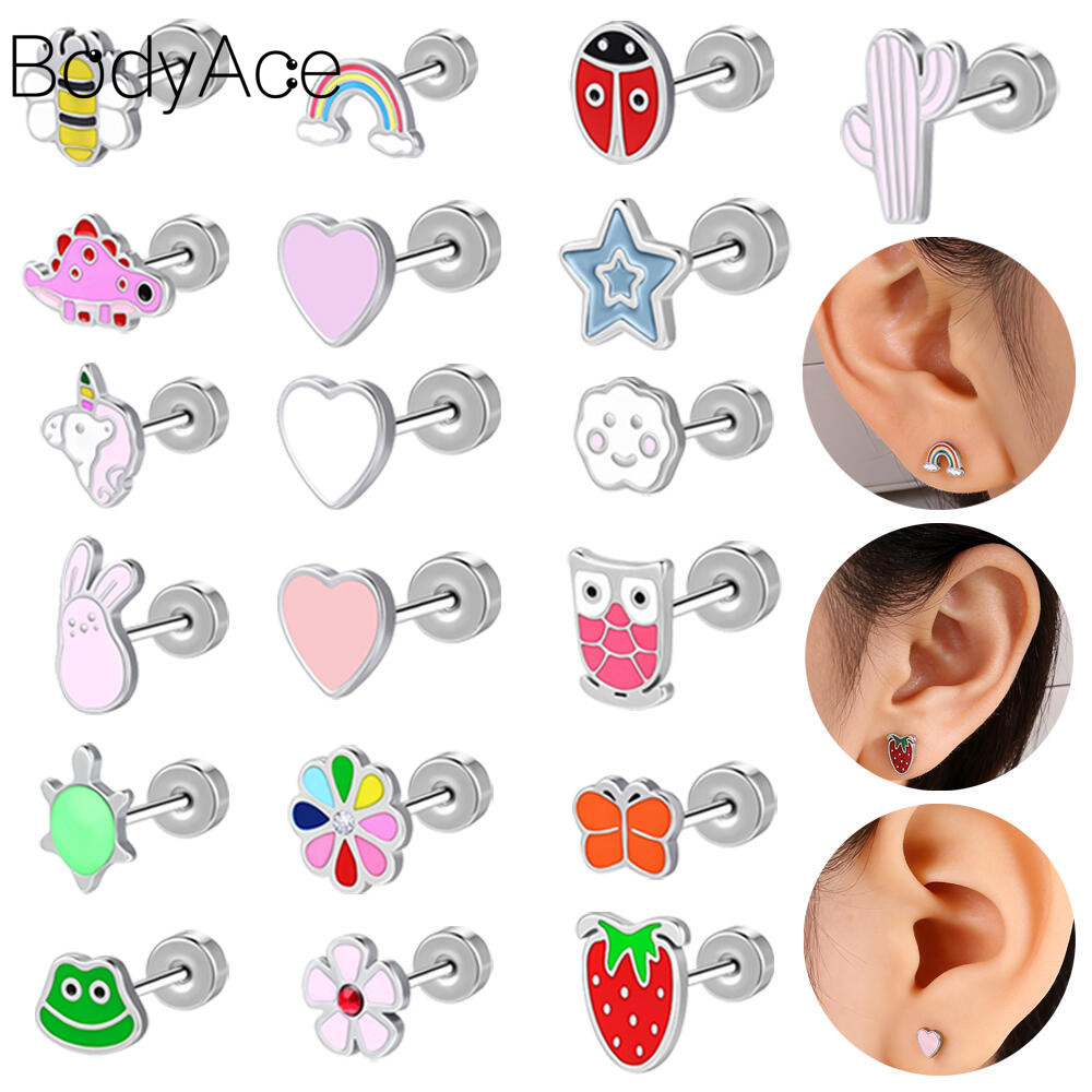 Bodyace ต่างหูสแตนเลสเจาะหูรูปสัตว์ 1 ชิ้น 20G สีชมพู Lobe