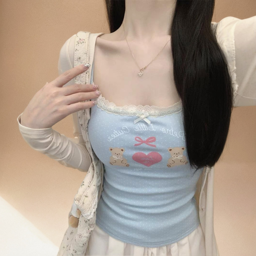 เสื้อสายเดี่ยวลายจุด พิมพ์ลายการ์ตูนน่ารัก แต่งลูกไม้ ไม่มีบราในตัว รุ่น TZH334