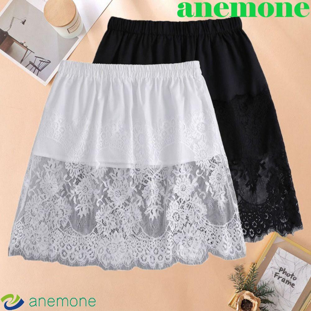 ANEMONE ผู้หญิงลูกไม้ Underkirt Slips, เย็บปักถักร้อยดอกไม้ Anti-glare สั้นกระโปรงความปลอดภัย Petticoat, นุ่มกลางความยาวหลวม Hight เอวตาข่ายกระโปรง Slips ชุดหญิง