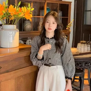vicky~Xเวอร์ชั่นเกาหลี วินเทจ ลูกไม้ คอกลม แขนยาว ตาราง เสื้อเชิ้ต รุ่นใหม่