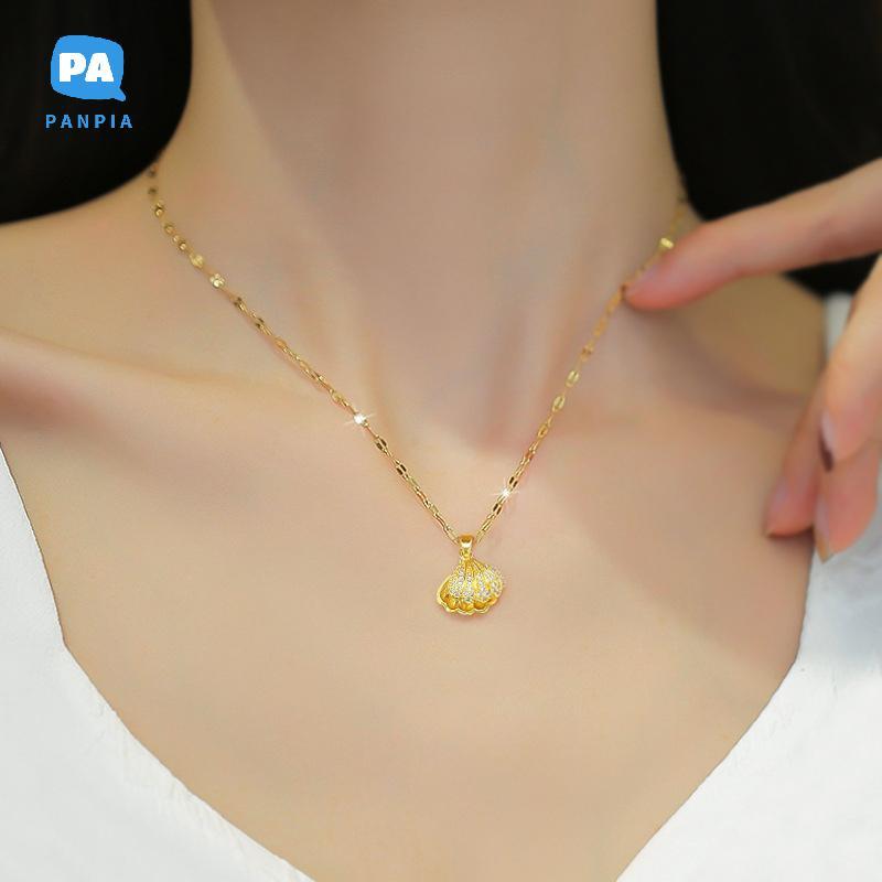 [NBI] สร้อยคอมุกสําหรับผู้หญิงเต็ม Rhinestones เชลล์สร้อยคอจี้ไทเทเนียมไม่ใช่เส้นด้ายสร้อยคอโลหะ VN