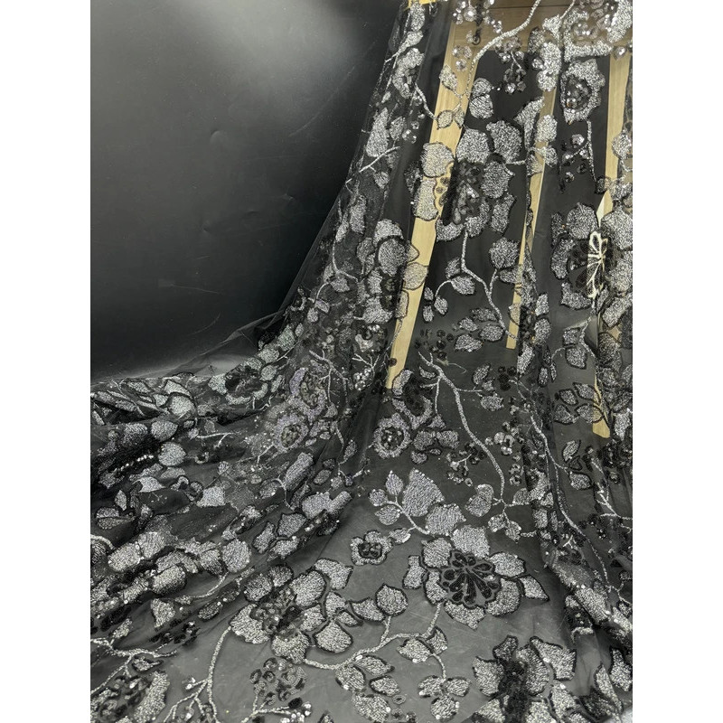 Black Composite Thread Peony Mesh Embroidered Fabric Dress Wedding Dress Lace Sequin Embroidered Fab