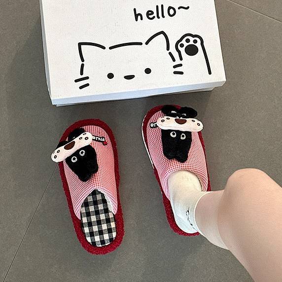 Funny Plaid Flat Cotton Slippers Women's Autumn and Winter Cute Cartoon Puppet Outerwear Home o4b9