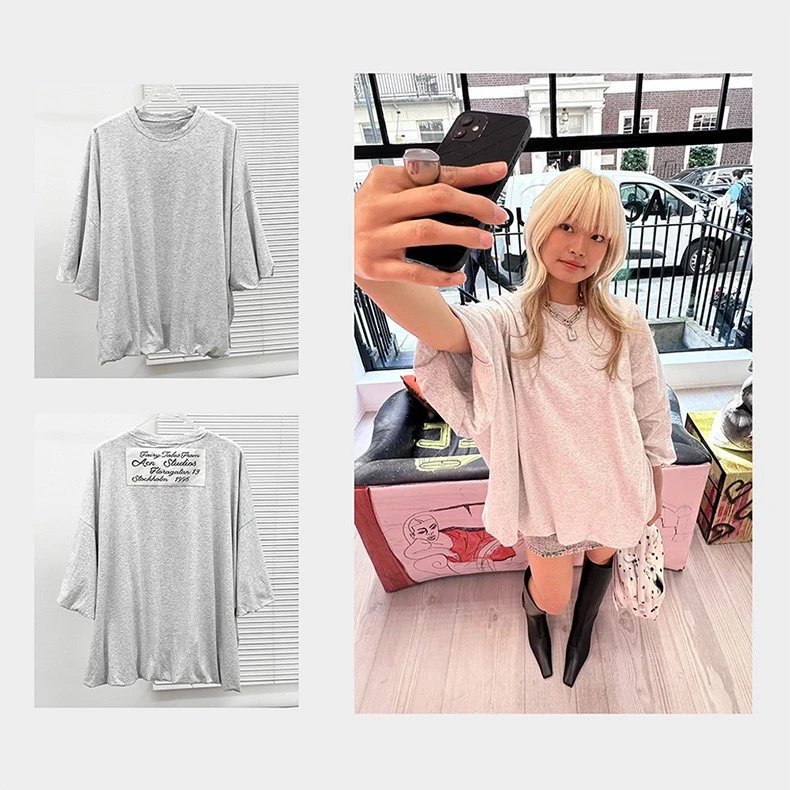 เจนนี่สไตล์เดียวกัน [ระดับทดสอบพาส] ดอกไม้ตูมสองชั้นพัฟแพทช์ด้านบนบรรยากาศขี้เล่นหลวมแฟชั่นเสื้อยืด 