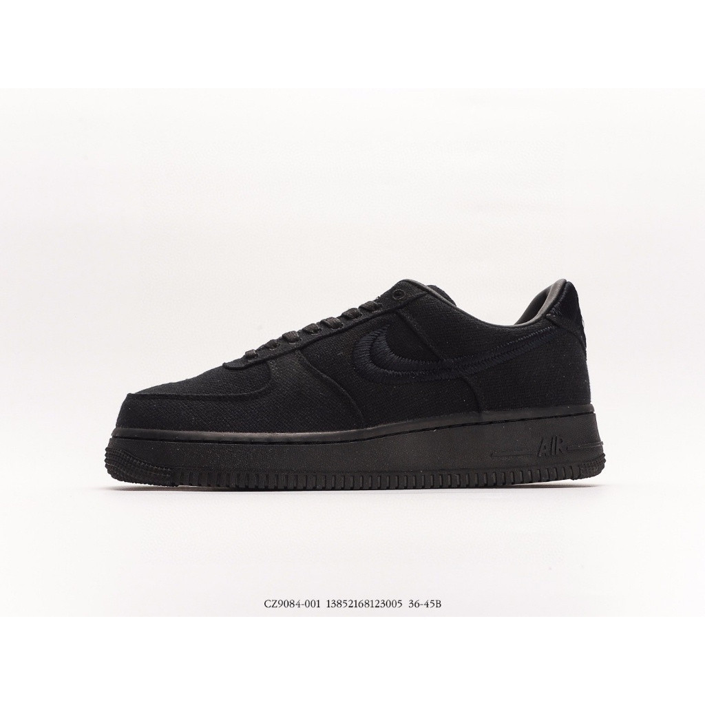 Stussy x 1 AF1 07 Black Low Top รองเท้าผ้าใบ OFF-WHITE "Triple Black" Black Tread CZ9084-001 รองเท้า