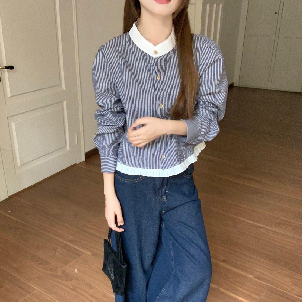 BGเสื้อแขนยาวผู้หญิง ดีไซน์ลายทางสีตัดกัน คอทรงกลม ความยาวครอป สไตล์น่ารัก เหมาะสำหรับหลายโอกาสW594