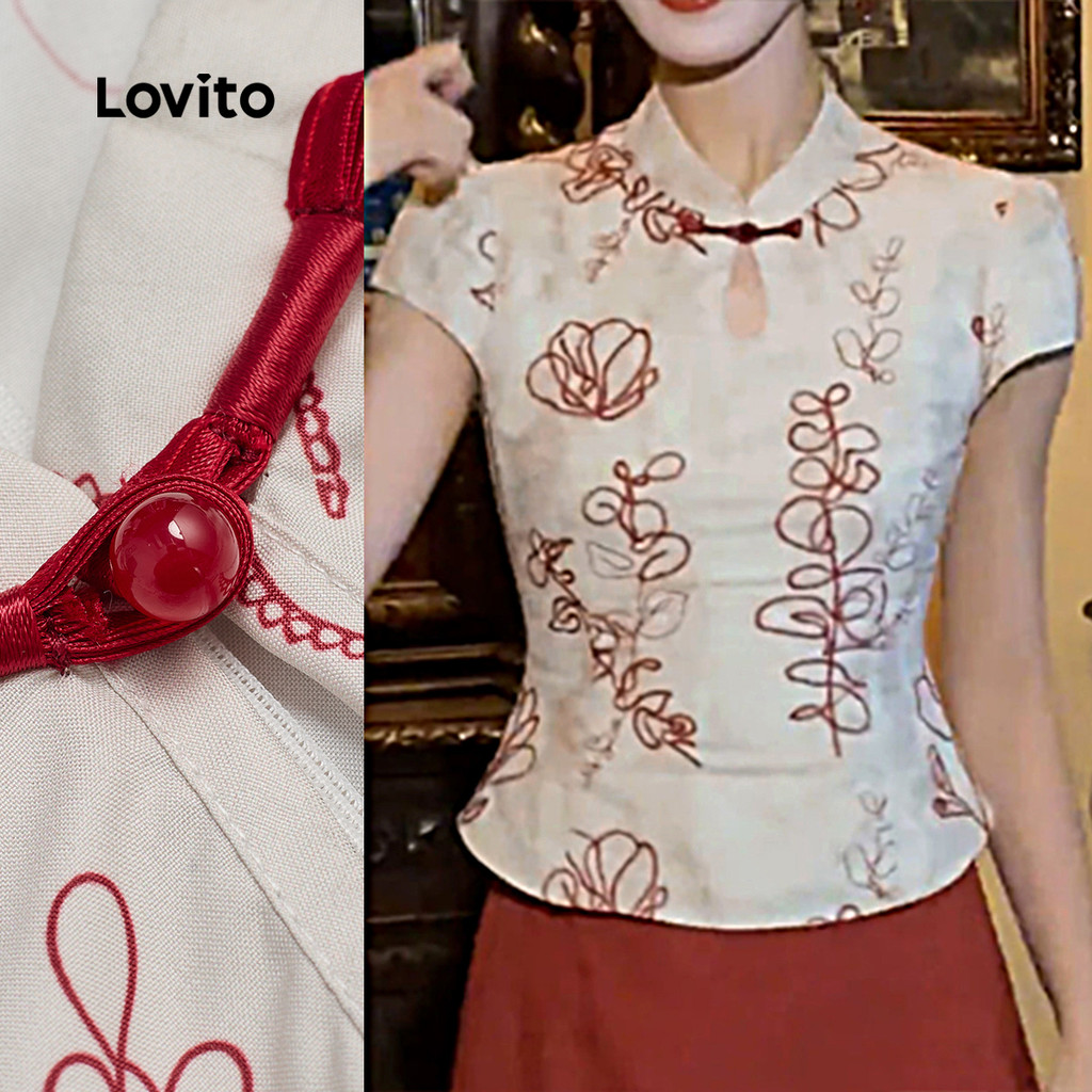Lovito เสื้อเชิ้ตผู้หญิงสไตล์จีนใหม่ลายดอกไม้เรียบง่ายสําหรับฤดูใบไม้ผลิ/ฤดูร้อนสีแอปริคอท L172ED163