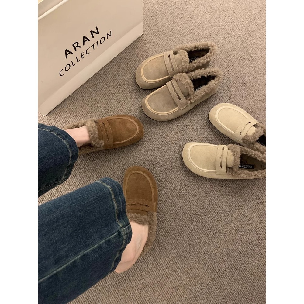 One-Pedal Peas Shoes Flat Fur Shoes Cold-Proof Lazy Style [S1219] Fleece Birkenstock Shoes Womens Fl