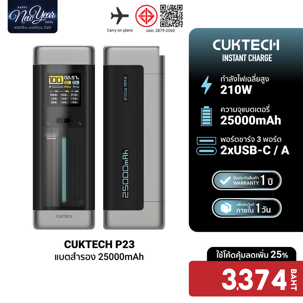 [ลดเหลือ 3374] CUKTECH P23 Powerbank แบตสำรอง 25000mAh CCC / CE จ่ายไฟรวมกันสูงถึง 210W  -1Y