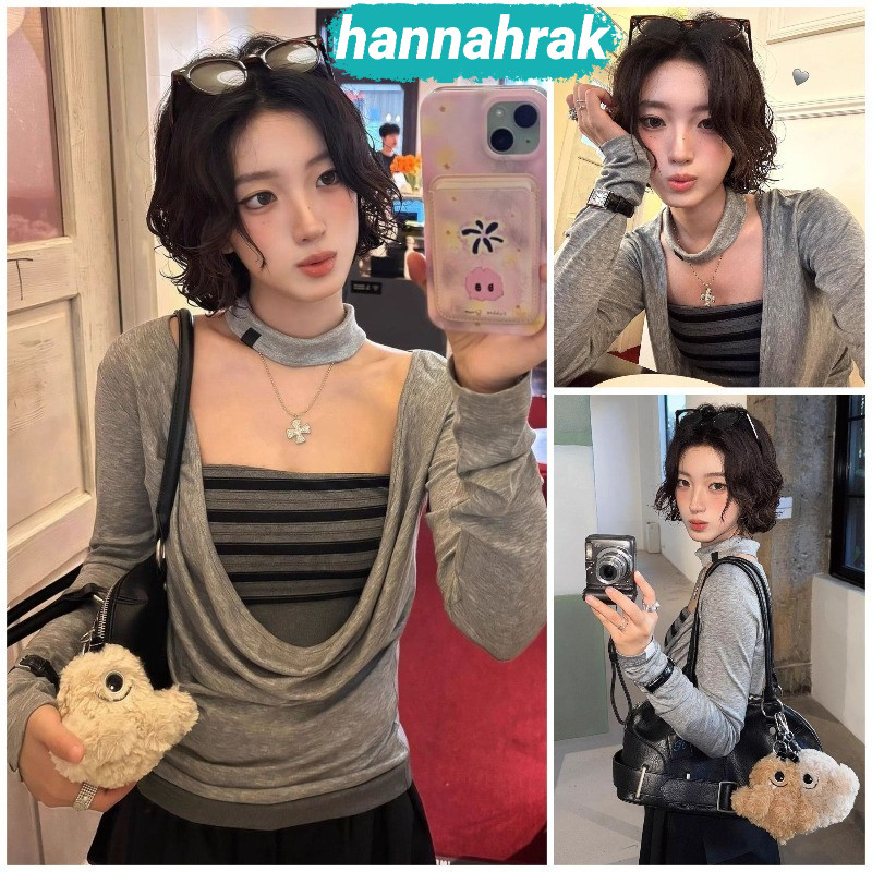 (ส่งจากกรุงเทพฯ)เสื้อแฟชั่นผู้หญิง สีเทา แขนยาว วัสดุผ้านุ่มสบาย ดีไซน์ชายห้อยเซ็กซี่ สไตล์เซ็กซี่ ไปเที่ยวins