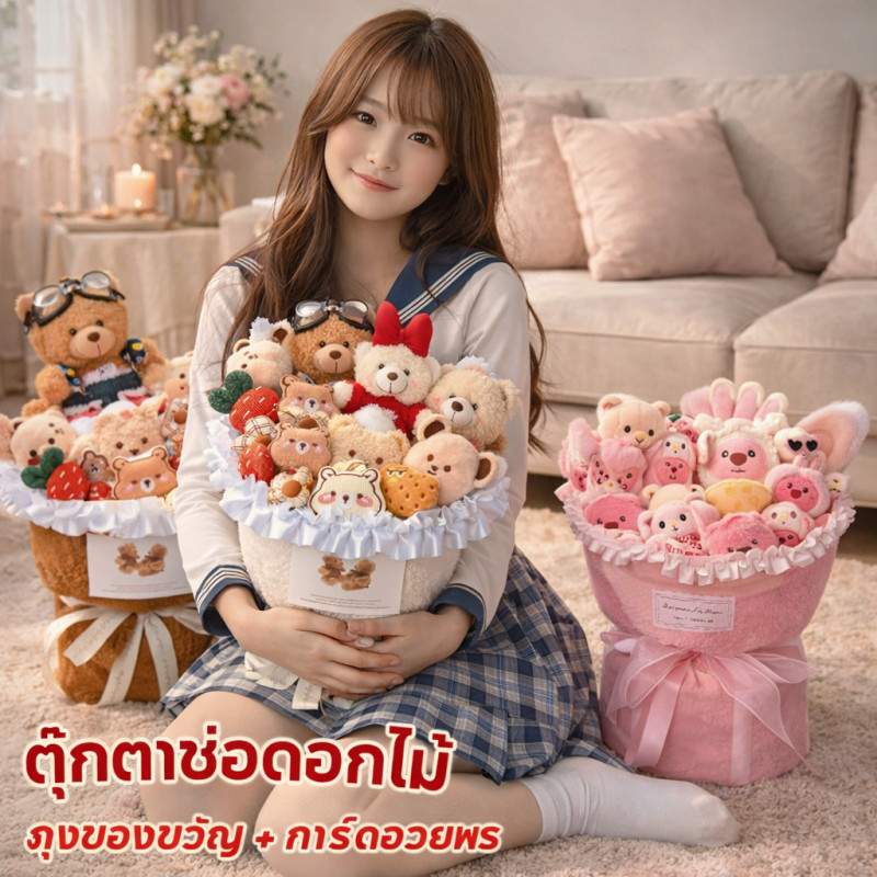COD ช่อดอกไม้ ตุ๊กตาช่อดอกไม้ ตุ๊กตาน่ารัก ของขวัญวาเลนไทน์ ของขวัญวันเกิด （ถุงของขวัญ + การ์ดอวยพร）