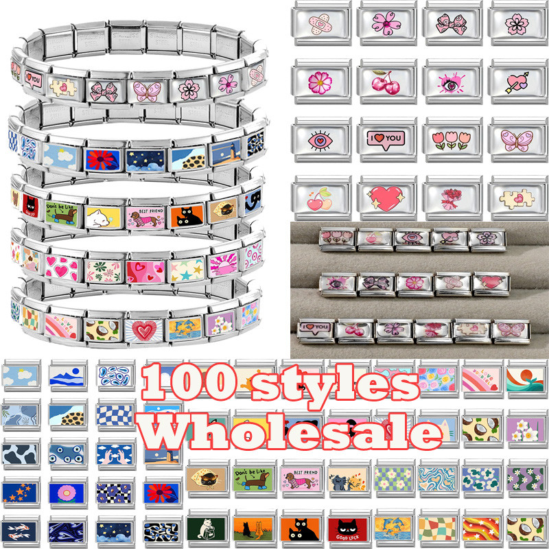 สร้อยข้อมือสแตนเลส DIY แบบcharm links fit ขนาด9มม. มาในธีมดอกไม้น่ารักและผลไม้หลากสีสันRose Sunflower Tulip อิตาเลียนสไตล์