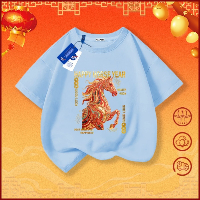 เสื้อยืดผ้าฝ้ายสีแดงระบายอากาศดี  ปีม้า สำหรับเด็กชายเด็กหญิงอายุ 1-13 ปี แขนสั้นปีใหม่ - รูปที่ 5