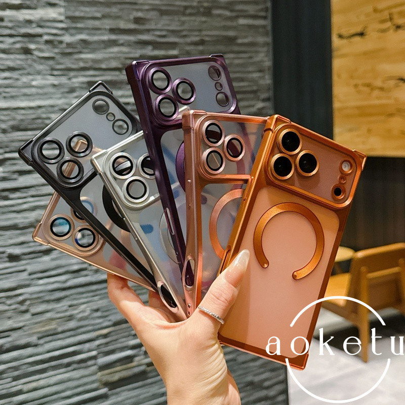 หรูหรามุมขวาเคลือบด้วยไฟฟ้ามีน้ําค้างแข็งแม่เหล็กเคสโทรศัพท์เหมาะสําหรับ ไอโฟน 13 14 15 16 17 มือโปร สูงสุด สี่มุมป้องกันการตกซิลิโคนปกอ่อน
