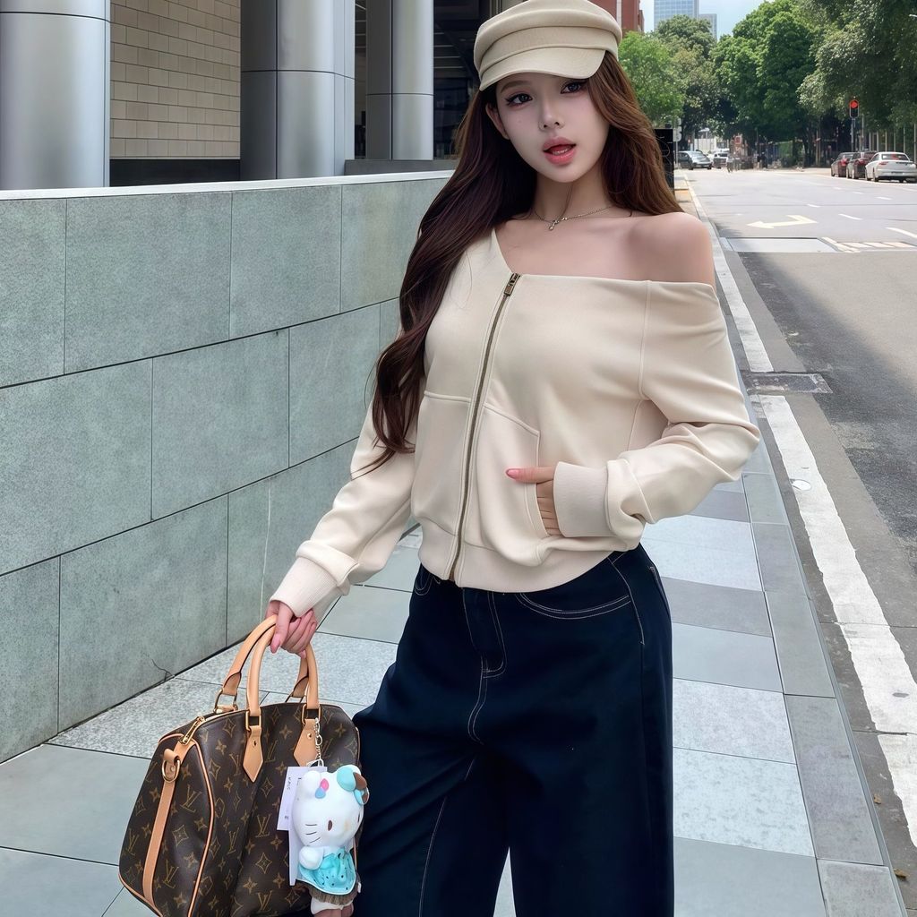 ฤดูใบไม้ร่วงอเมริกันสาวร้อนไหล่เดียวซิปแขนยาวBottomingเสื้อผู้หญิงการออกแบบภายในปิดไหล่Neau