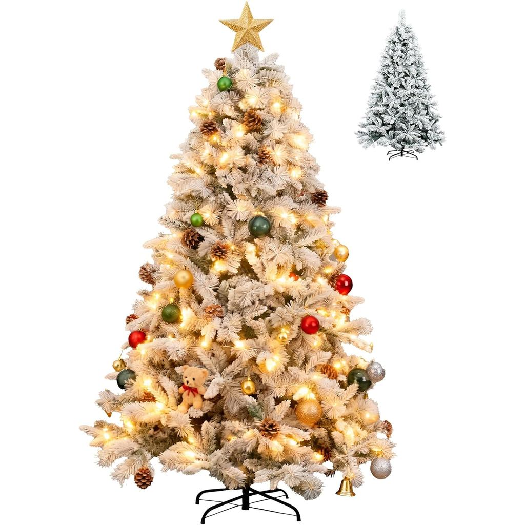 7Ft ต้นคริสต์มาสที่อบอุ่น, Snow Flocked ประดิษฐ์บานพับ Holiday Christmas Pine Tree,Xmas Tree w1400 S