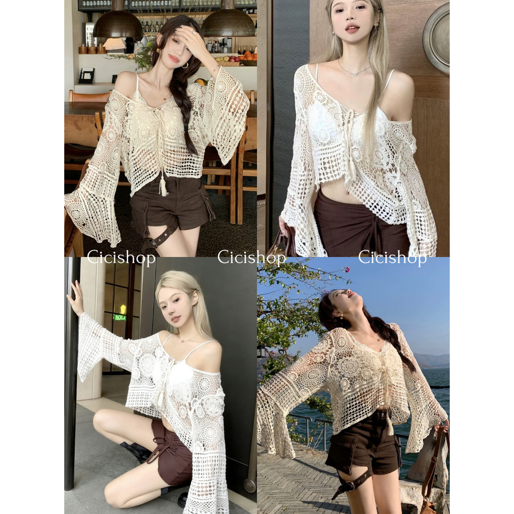 Cicishop(28134) เสื้อคลุมถักโครเชต์ผ้านิ่ม แขนกระดิ่ง แฟชั่นฤดูร้อน สไตล์โบฮีเมี่ยน
