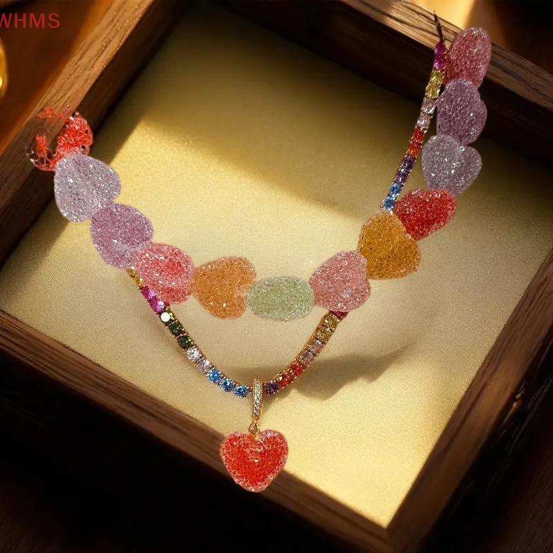 (WHMS) เครื่องประดับสร้อยคอยางพลาสติกแบบเรซิ่น ลายหัวใจเจลลี่หลากสีสำหรับผู้หญิง