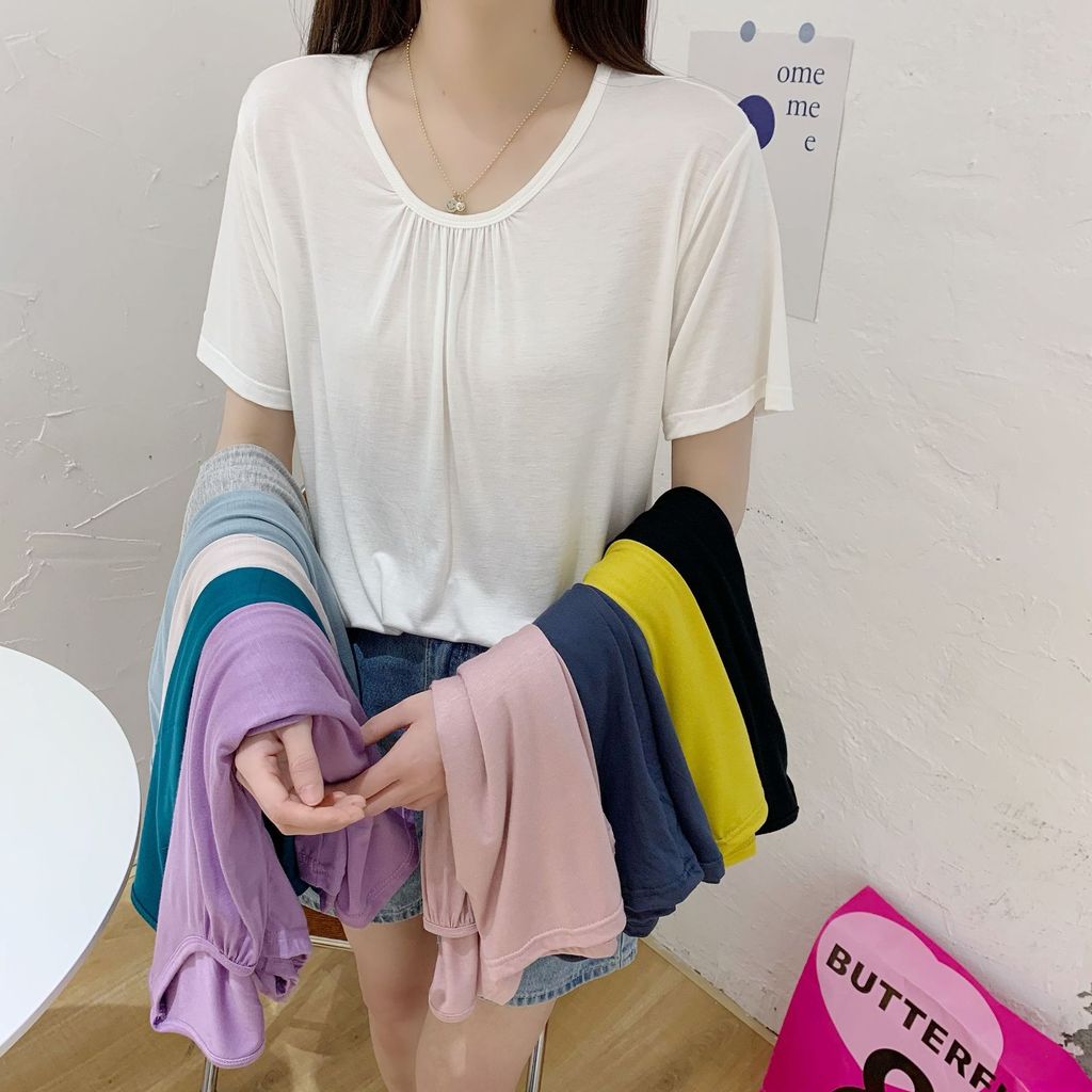 Modal จีบรอบคอแขนสั้นเสื้อยืดฤดูร้อนหลวม Slimmer ดู Bottoming เสื้อลําลอง All-Match บาง [E330