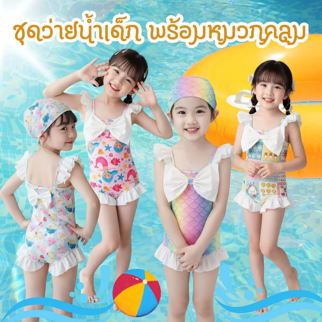 Dolemi Baby ชุดว่ายน้ำเด็ก หมวกคลุมหัว วันพีซ สำหรับเด็กหญิง ลายน่ารัก มีโบว์ หน้า-หลัง ผ้าไนลอน