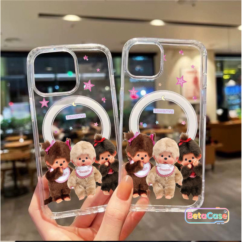 น่ารักและหวาน ลิงสามตัว ลายดาวลายจุด ฝาใสแม่เหล็กรูใหญ่ ใช้กับ iPhone 17 16 15 14 13 12 11 Pro Max Plus