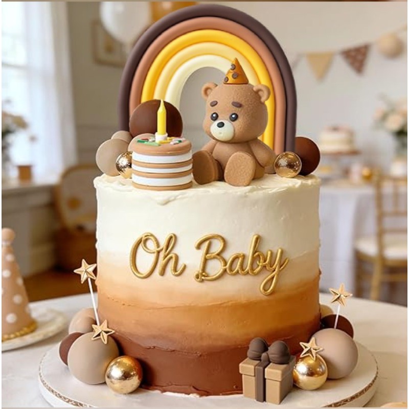 Boho Rainbow Teddy Bear Cake Topper - ตุ๊กตาหมีเดี่ยวสําหรับฝักบัวเด็กแปลกเพศ