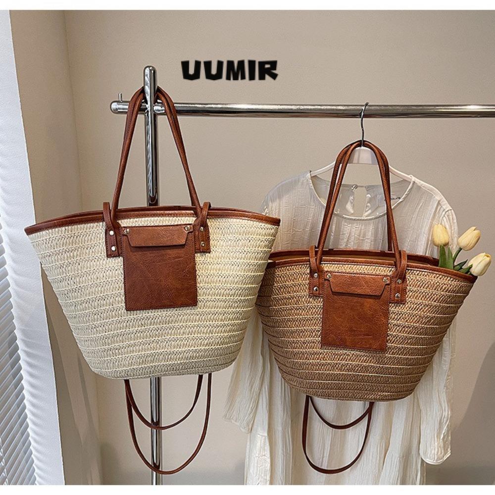 UUMIR กระเป๋าตะกร้าฟาง, กระเป๋าสะพายทอแฮนด์เมดสไตล์วินเทจ, แฟชั่นความจุขนาดใหญ่วัสดุหวาย Raffia วงกลมกระเป๋าชายหาดวันหยุดฤดูร้อน