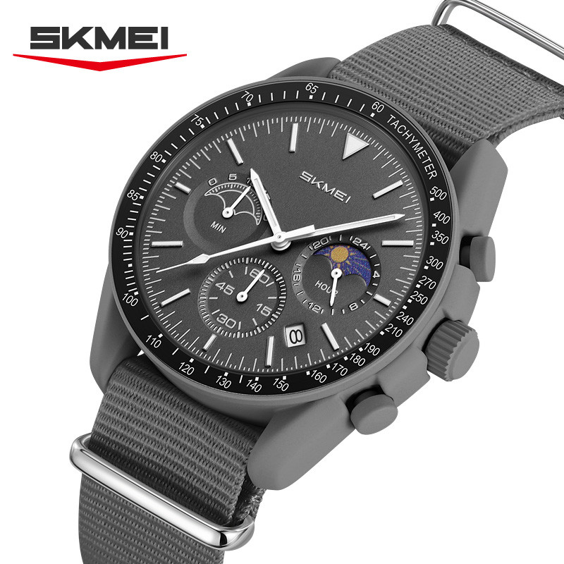 SKMEI 9392 สปอร์ตผู้ชายนาฬิกาควอตซ์สายไนล่อนกันน้ําโครโนกราฟลําลองชายนาฬิกาข้อมือนาฬิกาของขวัญ